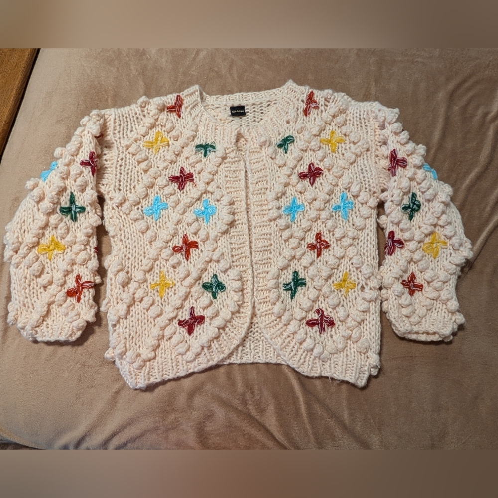 Brand New Sacchi Knit Popcorn Cardigan with Embroidered Accents NWOT